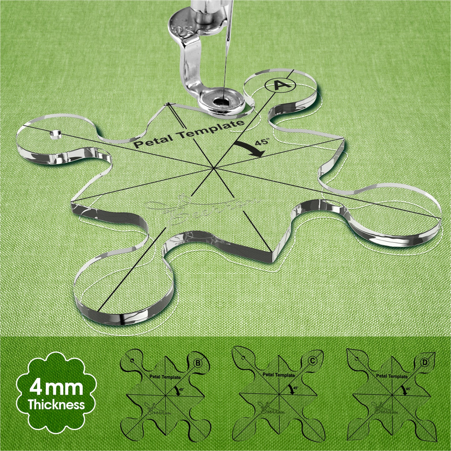 Petal Quilting Templates Set of 4 for Sewing Machine | 4mm Acrylic, Free Motion Quilting Rulers, 80x80mm, 16 Unique Flower Petal Designs