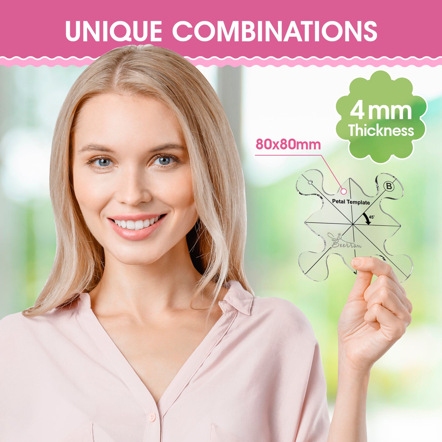 Petal Quilting Templates Set of 4 for Sewing Machine | 4mm Acrylic, Free Motion Quilting Rulers, 80x80mm, 16 Unique Flower Petal Designs