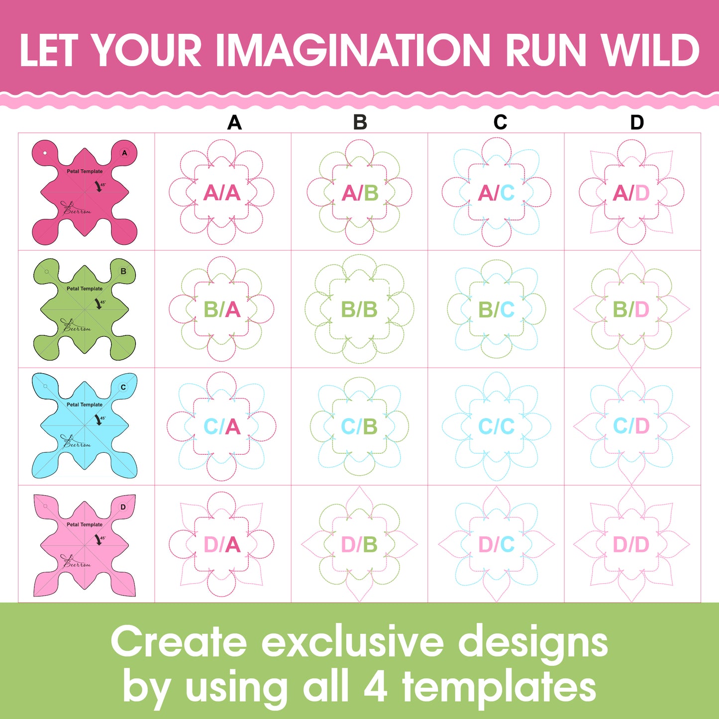 Petal Quilting Templates Set of 4 for Sewing Machine | 4mm Acrylic, Free Motion Quilting Rulers, 80x80mm, 16 Unique Flower Petal Designs