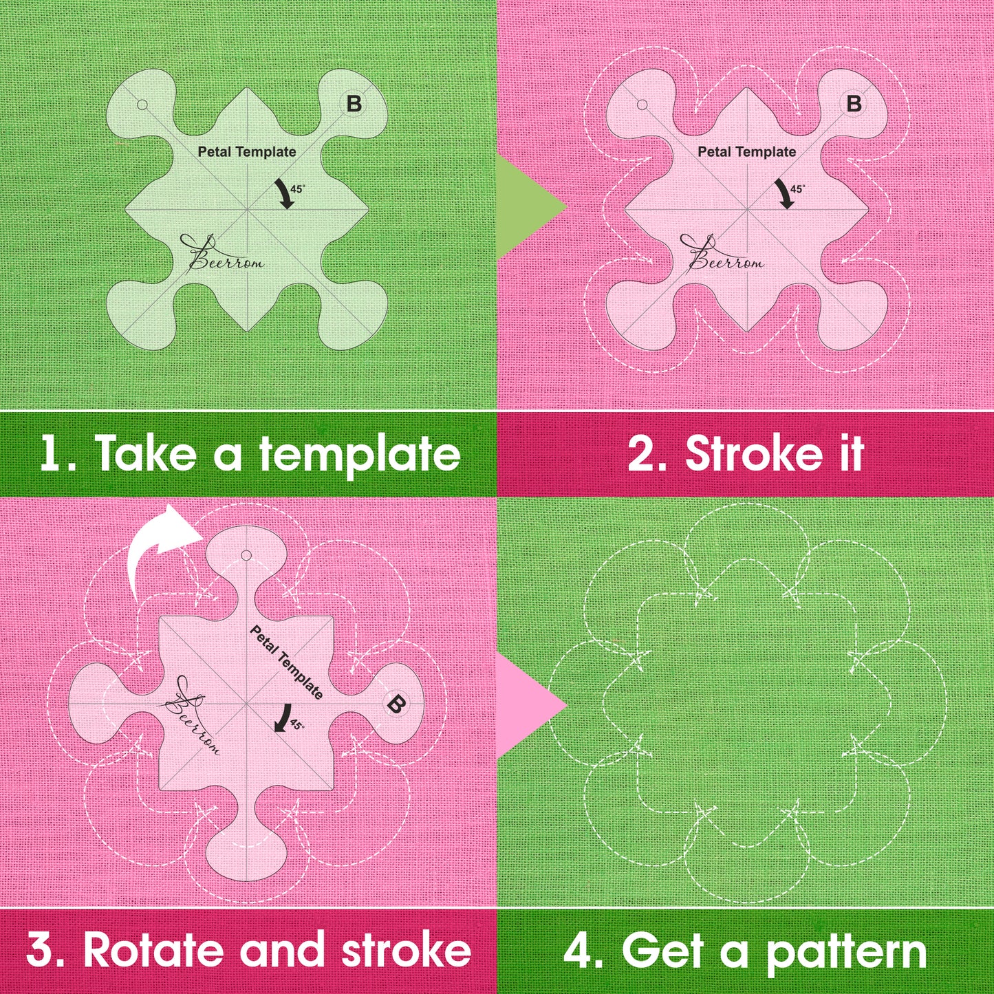 Petal Quilting Templates Set of 4 for Sewing Machine | 4mm Acrylic, Free Motion Quilting Rulers, 80x80mm, 16 Unique Flower Petal Designs