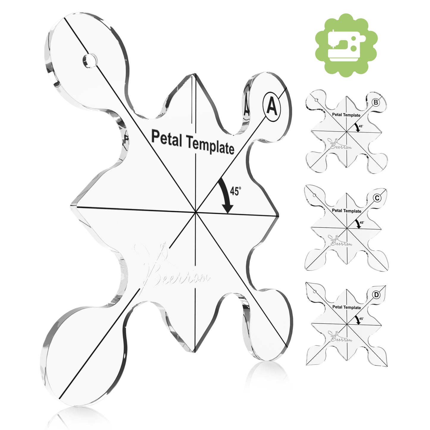 Petal Quilting Templates Set of 4 for Sewing Machine | 4mm Acrylic, Free Motion Quilting Rulers, 80x80mm, 16 Unique Flower Petal Designs