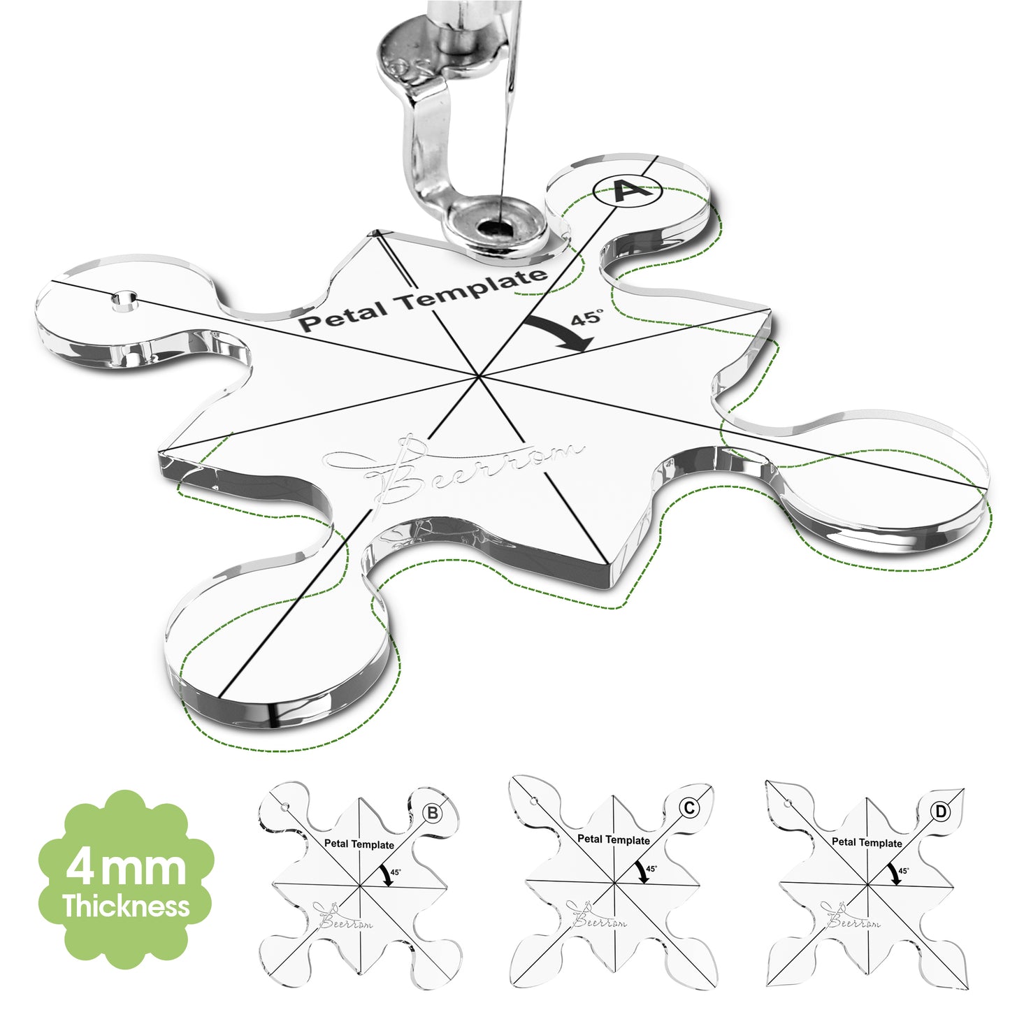 Petal Quilting Templates Set of 4 for Sewing Machine | 4mm Acrylic, Free Motion Quilting Rulers, 80x80mm, 16 Unique Flower Petal Designs